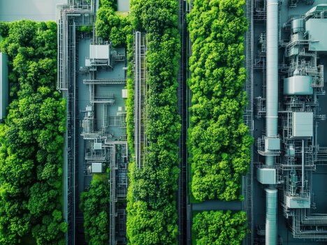 aerial view factory with green trees growing pipes machinery 546192 45082