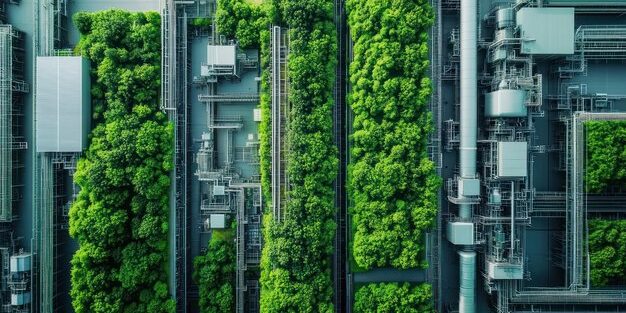 aerial view factory with green trees growing pipes machinery 546192 45082